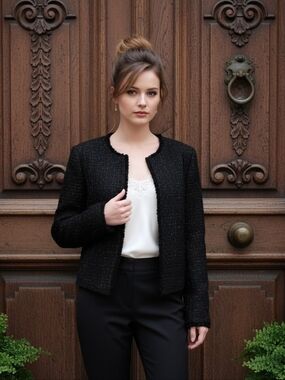 Calvin Klein Black Metallic Bouclé Jacket w/Frayed Hem & Pockets – Size 12